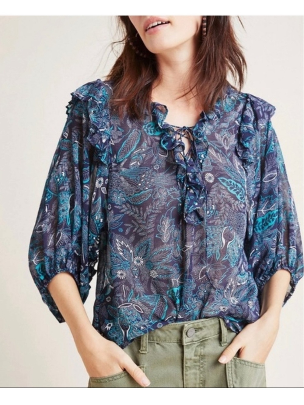 Anthropologie Haida Floral Peasant Sheer Lace Up Blouse Navy Petite
